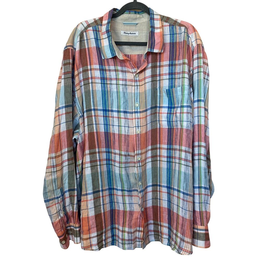 Tommy Bahama Plaid Linen Casual Button Down Shirt XXL Tall Vacation Relaxed $150